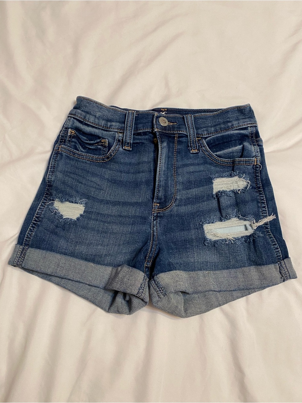 Hollister Women’s Distressed Rolled-Hem Denim Shorts - Blue